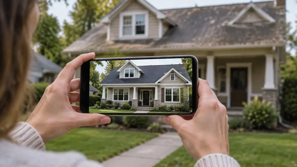 A homeowner holds a phone showing her house redesigned with a new roof, in front of her real, weathered house