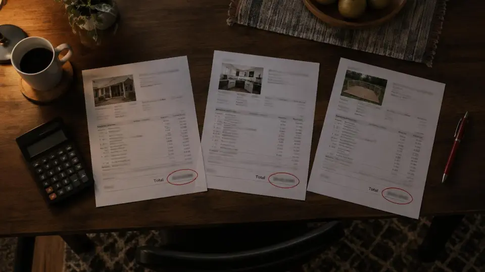 Three printed contractor quotes on a kitchen table with only the totals circled