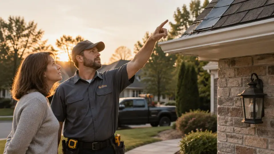 A roofing contractor points out worn flashing to a homeowner in her driveway